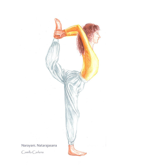Zeichnung der Yoga-Asana Natarājāsana als Ausdruck harmonischer Bewegung, Aufrichtung und geistiger Freiheit.