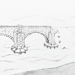 Zeichnung einer steinernen Brücke, deren rechter Brückenbogen unvermittelt über einem Abgrund abbricht.