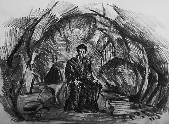 Zeichnung eines Schwarzmagiers in einer dunklen Grotte als Sinnbild der selbstgewählten geistigen Abgeschlossenheit und Isolation.