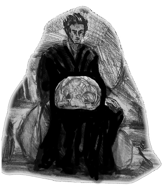 Illustration eines Schwarzmagiers mit einer Höhle im Leib als Symbol einer inneren Leere und der Umkehrung geistiger Lebenskräfte.