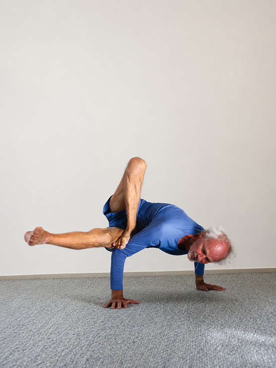 Variation der Yoga-Asana Tittibhāsana zur Schulung der Inkarnationskräfte und einer bewussten Verbindung zwischen Leib und Seele.