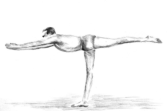 Zeichnung der Yoga-Asana Tulādandāsana als Sinnbild für innere Aufrichtung, Konzentration und zielgerichtete Willenskraft.