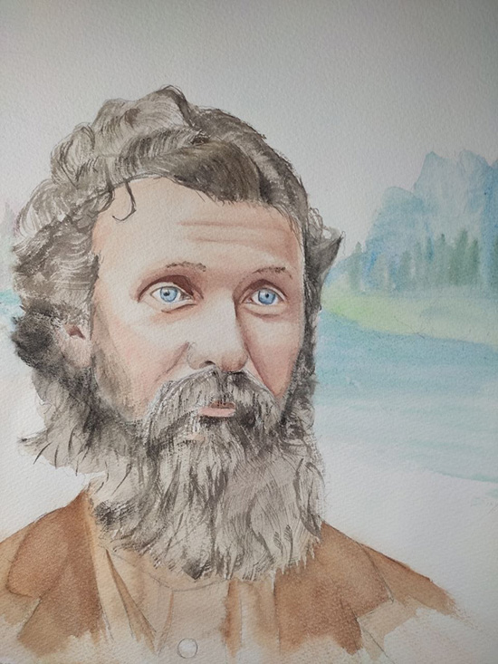 Zeichnung von John Muir vor einer Berglandschaft