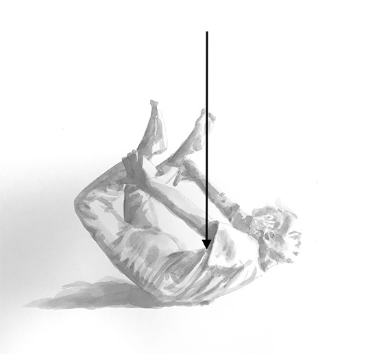 Aquarellzeichnung der Yogaübung Dhanurasana (Bogen) mit einem Pfeil auf die Wirbelsäule, der den zentralen Ausgangspunkt der bewegungsdynamik verdeutlicht.