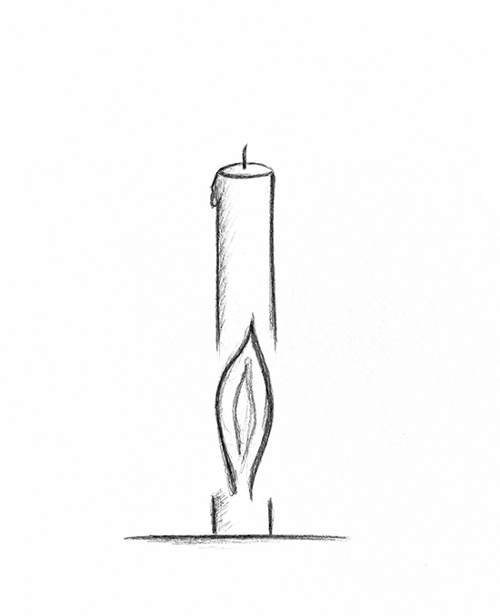 Bleistiftzeichnung einer Kerze mit einer Flamme im unteren Bereich als Sinnbild für das Herzzentrum beim Schulterstand (Sarvangasana).
